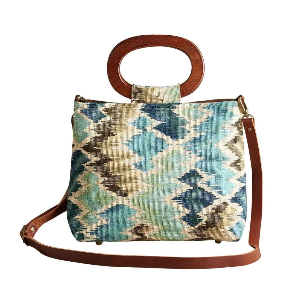 NWT Atenti Fifi Handbag Coda Blue Brown Woven Tote Wooden Handles Leather Strap